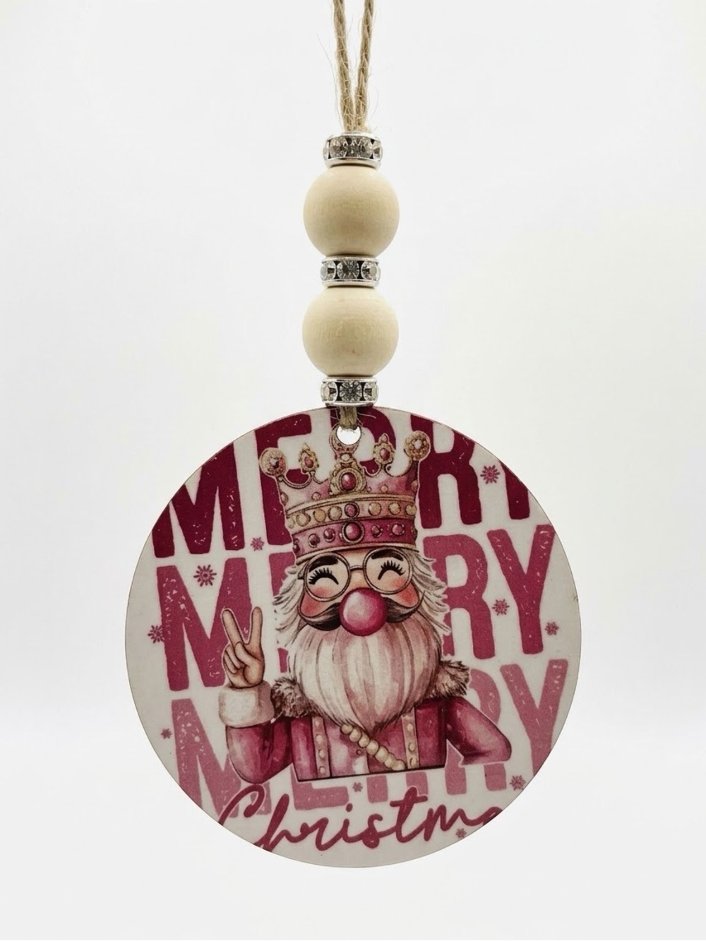 Merry Christmas Pink Santa Hanging Ornament - handcrafted, NEW!